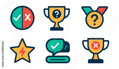 Flat vector icons of true or false quizzes: true or false badge, quick judgment trophy, fact-checking quiz medal, yes or no answer ribbon, rapid-fire quiz star, quiz validation badge, statement