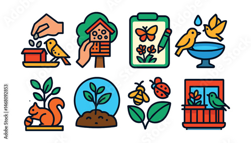 Flat vector icons of attracting urban wildlife: creating bird feeders badge, installing insect hotels badge, setting up butterfly gardens planner, providing bird water baths badge, building squirrel