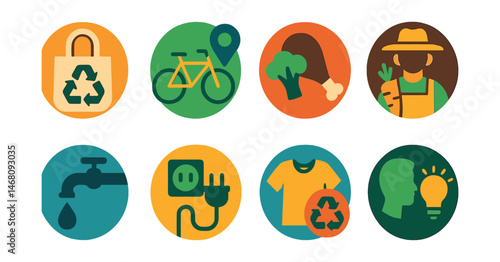 Flat vector icons of practicing eco habits daily: bringing reusable bags badge, choosing eco transport badge, reducing meat consumption badge, supporting local farmers badge, conserving water badge,