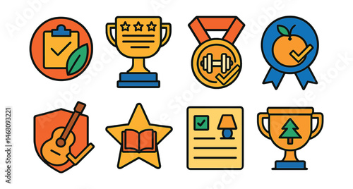 Flat vector icons of lifestyle and personal interests surveys: wellness habits survey badge, travel experience feedback form trophy, fitness goals survey medal, healthy eating habits poll ribbon,