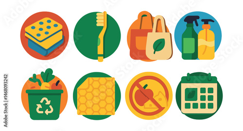 Flat vector icons of zero waste home practices: reusable kitchen towels badge, bamboo toothbrush badge, cloth shopping bags badge, refillable cleaning bottles badge, composting food waste badge,