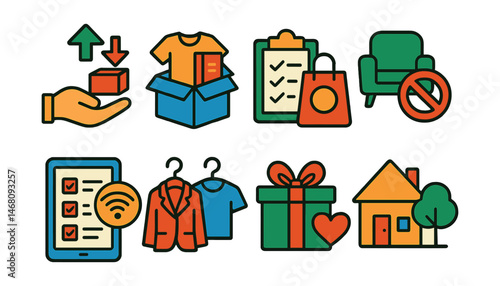 Flat vector icons of minimalist living concepts: practicing one-in-one-out rule badge, decluttering by categories badge, mindful shopping planner, reducing furniture consumption badge, digital
