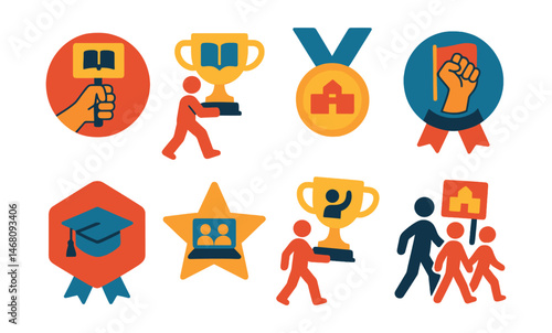 Flat vector icons of educational activism: education for all protest badge, literacy campaign march trophy, school access advocacy medal, student rights demonstration ribbon, free education protest