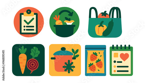 Flat vector icons of zero waste cooking: planning meals to avoid waste badge, composting food scraps badge, storing leftovers sustainably badge, buying unpackaged produce badge, using all parts of