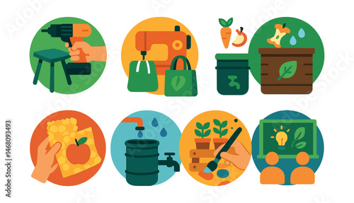 Flat vector icons of DIY sustainable projects: building upcycled furniture badge, sewing reusable bags badge, creating compost bins badge, making beeswax wraps badge, building rainwater collection