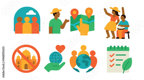 Flat vector icons of small group travel: joining small group tours badge, supporting local guides badge, choosing personalized travel badges, participating in cultural immersion programs badge,