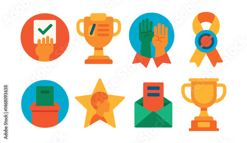 Flat vector icons of voting rights activism: voting access protest badge, voter registration drive trophy, election fairness rally medal, voter suppression protest ribbon, ballot access advocacy
