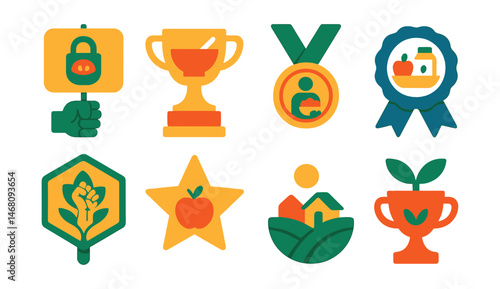Flat vector icons of food justice activism: food security protest badge, hunger awareness march trophy, fair food access campaign medal, school meals advocacy ribbon, food sovereignty movement badge,