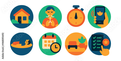 Flat vector icons of beginner meditation practices: finding a quiet space badge, practicing mindful breathing badge, setting meditation timers badge, using guided meditation apps badge, trying body