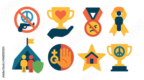 Flat vector icons of freedom from violence: anti-war rights badge, protection from domestic violence trophy, anti-hate crime medal, safe public spaces ribbon, refugee camp safety icon, gender-based