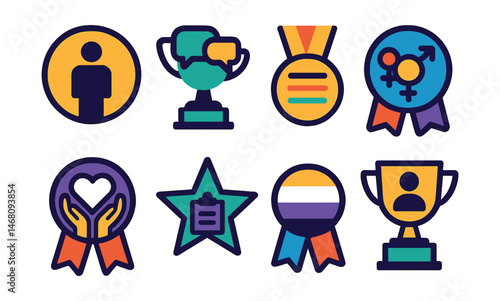 Flat vector icons of gender inclusivity: gender-neutral restroom badge, pronoun respect icon trophy, inclusive language usage medal, diverse gender icons ribbon, gender identity support badge, gender