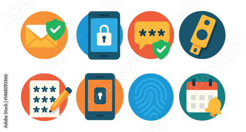 Flat vector icons of two-factor authentication habits: enabling 2FA on email accounts badge, setting up authentication apps badge, using SMS codes securely badge, learning about hardware security