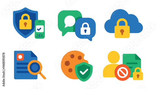 Flat vector icons of protecting personal data: enabling two-factor authentication badge, using encrypted messaging apps badge, securing cloud storage badge, practicing safe online shopping badge,