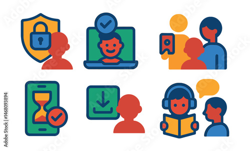 Flat vector icons of protecting children online: setting parental controls badge, using kid-safe browsers badge, educating about online dangers badge, practicing supervised device use badge,