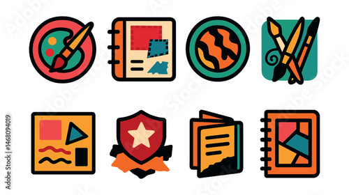 Flat vector icons of exploring mixed media art: combining painting and collage badge, integrating fabric and paper planner, using textures creatively badge, practicing experimental techniques badge,
