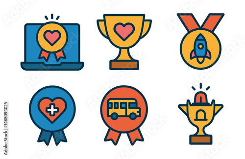Flat vector icons of crowdfunding campaigns: online fundraising platform badge, personal cause support trophy, startup charity project medal, creative project crowdfunding ribbon, medical expense