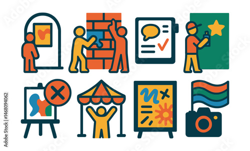 Flat vector icons of celebrating artistic freedom: hosting open galleries badge, building community art walls badge, encouraging free public expression planner, supporting local street artists badge,