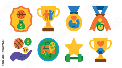 Flat vector icons of sports charities: youth sports funding badge, inclusive sports programs trophy, community fitness initiative medal, adaptive sports equipment donation ribbon, sports scholarships