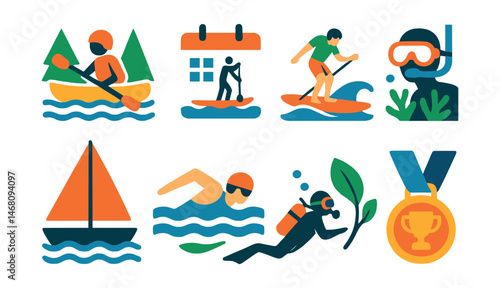 Flat vector icons of water sports adventures: kayaking river trips badge, stand-up paddleboarding planner, beginner surfing lessons badge, snorkeling eco tours badge, sailing club participation badge