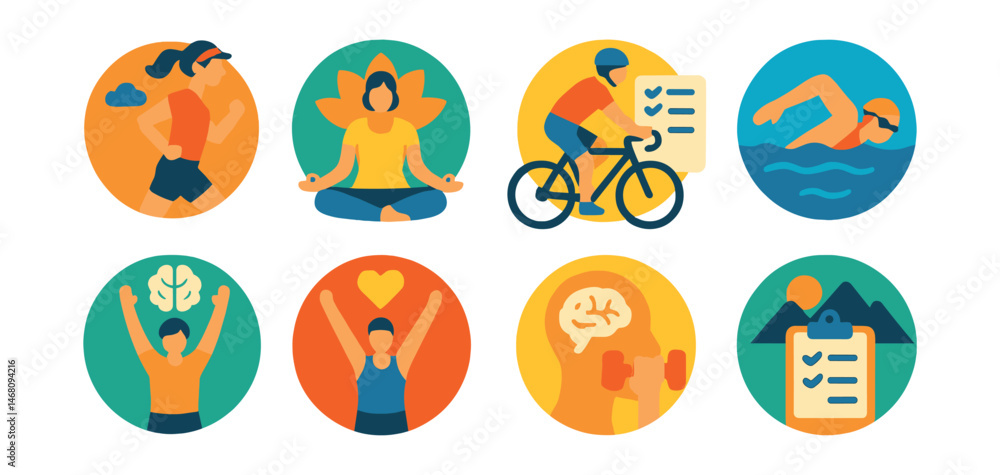 Flat vector icons of sports for mental wellness: practicing mindful running badge, participating in yoga for stress relief badge, meditative cycling planner, practicing open-water swimming for Flat vector icons of sports for mental wellness: practicing mindful running badge, participating in yoga for stress relief badge, meditative cycling planner, practicing open-water swimming for