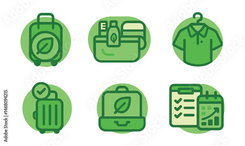 Flat vector icons of green travel essentials: packing reusable travel gear badge, bringing eco toiletry kits badge, using zero-waste travel organizers badge, building sustainable travel wardrobes
