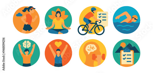 Flat vector icons of sports for mental wellness: practicing mindful running badge, participating in yoga for stress relief badge, meditative cycling planner, practicing open-water swimming for