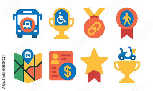 Flat vector icons of transport inclusion: inclusive bus stop badge, accessible train station trophy, shared mobility program medal, pedestrian safety zone ribbon, inclusive transit map icon,