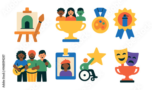 Flat vector icons of inclusion in culture and arts: open art workshop badge, diverse cast performance trophy, inclusive art education medal, street art festival ribbon, multicultural music show icon,