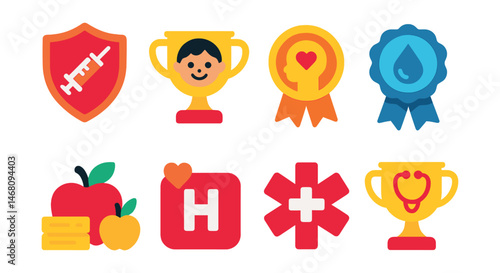 Flat vector icons of health rights for children: vaccination rights badge, pediatric health care access trophy, mental health care for minors medal, clean water for children ribbon, nutrition