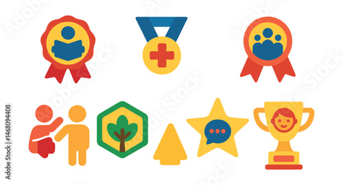 Flat vector icons of basic children’s rights: right to education badge, right to play trophy, right to health care medal, right to family ribbon, protection from violence icon, safe environment badge