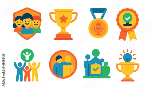 Flat vector icons of inclusive participation rights: children’s advisory board badge, youth leadership training trophy, young journalist project medal, student council election ribbon, inclusive