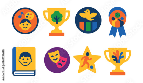 Flat vector icons of children’s right to play and culture: cultural participation badge, free access to parks trophy, traditional games promotion medal, inclusive recreation programs ribbon, children