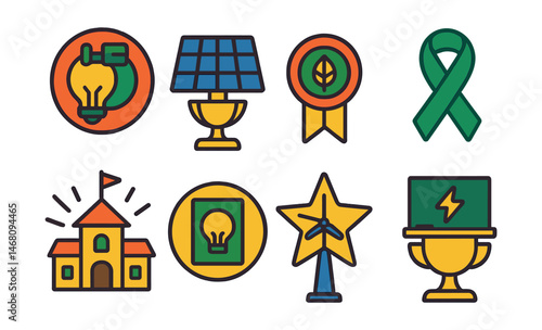 Flat vector icons of energy-saving school initiatives: switch off lights badge, classroom solar panel trophy, eco-energy audit project medal, green building awareness ribbon, school energy challenge