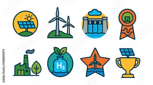 Flat vector icons of sustainable energy: solar panel installation badge, wind turbine farm trophy, hydroelectric dam system medal, geothermal energy source ribbon, biomass plant icon, green hydrogen