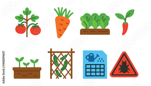 Flat vector icons of vegetable gardening: tomato plant icon, carrot harvest bunch, lettuce row bed, pepper sprout symbol, raised bed garden, trellis with beans, watering schedule chart, garden pest