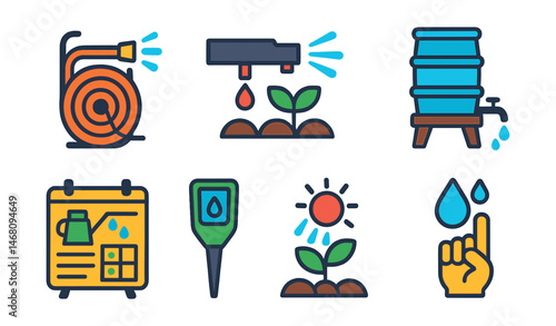 Flat vector icons of watering and irrigation: watering hose reel, drip irrigation tube, sprinkler head icon, water barrel system, watering schedule board, plant moisture meter, morning watering