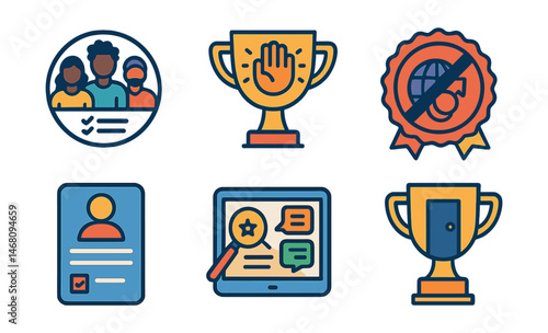 Flat vector icons of fairness and inclusivity: diverse user testing group badge, inclusive design for all trophy, cultural sensitivity review medal, non-discriminatory UX practices ribbon,