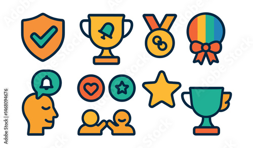 Flat vector icons of emotional well-being in UI: stress-free app flow badge, user-friendly break reminders trophy, non-addictive app design medal, calming color palette ribbon, mindful app