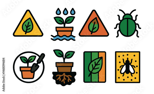 Flat vector icons of plant problems and care: yellow leaf alert, overwatering sign, brown tip warning, pest infestation icon, repotting need badge, root rot symbol, fertilizer burn chart, fungus gnat