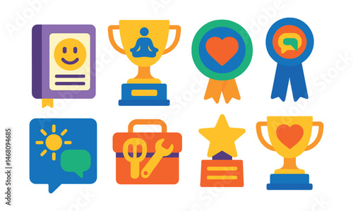 Flat vector icons of mental health apps: mood tracker journal badge, guided meditation session trophy, stress relief breathing exercise medal, teen therapy chat support ribbon, daily positivity
