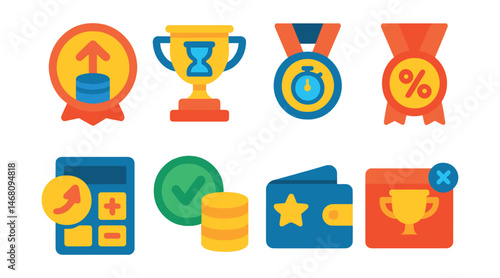 Flat vector icons of staking withdrawal and exit: unstake request badge, withdrawal processing queue trophy, cooldown period timer medal, early exit penalties ribbon, exit rewards calculator icon,
