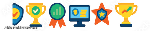 Flat vector icons of staking delegation: choose validator badge, delegation confirmation trophy, validator uptime report medal, reward sharing details ribbon, delegation dashboard icon,