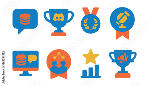 Flat vector icons of staking ecosystem communities: staking discussion forum badge, validator community discord trophy, community governance council medal, validator ambassador badge ribbon, staking