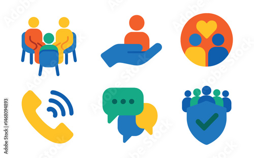 Flat vector icons of support networks and community: group therapy circle, peer support hand, talk with friend icon, shared experience badge, support hotline icon, community group chat, caring