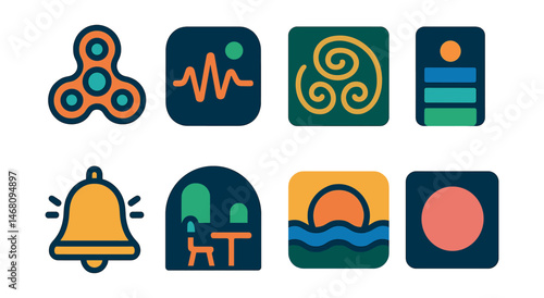Flat vector icons of calm and focus aids: fidget tool icon, soundscape app badge, visual calming pattern, slow breathing bar, focus bell symbol, concentration space icon, grounding image, single-task
