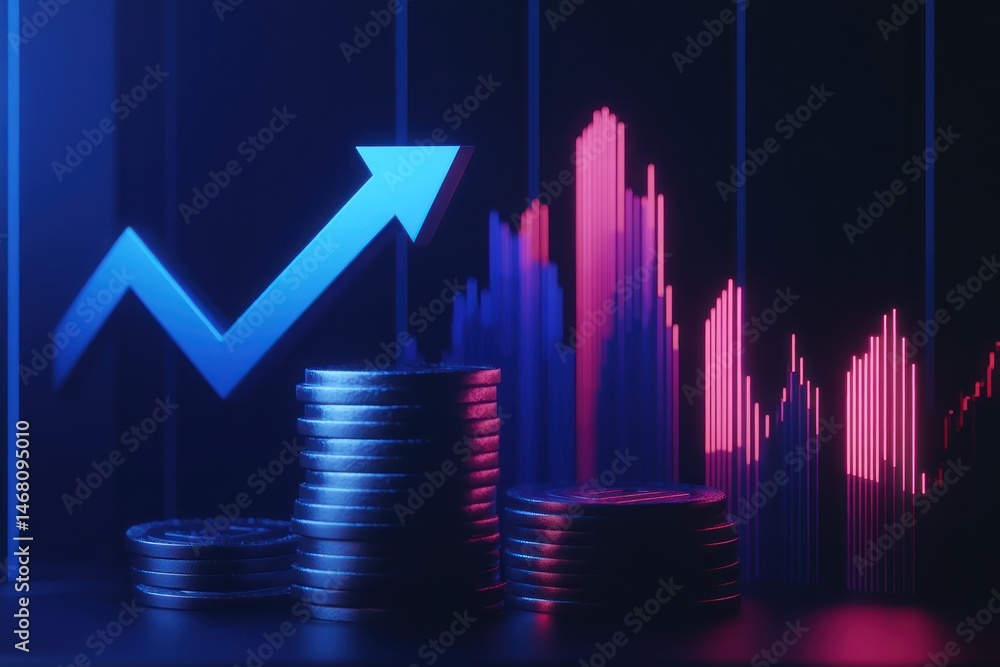 Stacked coins with rising graph in neon light. Financial growth concept Stacked coins with rising graph in neon light. Financial growth concept