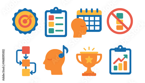 Flat vector icons of practicing mindful task switching: setting single-tasking goals badge, using task batching methods badge, practicing focused transitions planner, minimizing context switching