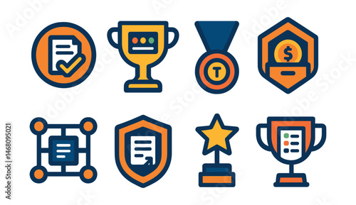 Flat vector icons of DeFi governance: governance proposal voting badge, decentralized governance dashboard trophy, token-based voting rights medal, DAO treasury management ribbon, on-chain governance