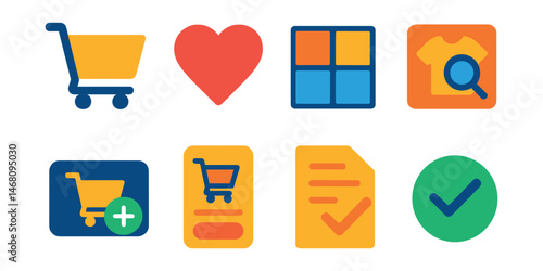 Flat vector icons of online shopping basics: shopping cart icon, wishlist heart, product grid view, item quick view, add to cart button, checkout page, order confirmation, payment successful badge.