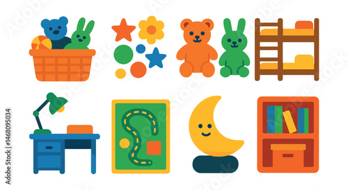 Flat vector icons of children’s room interior: toy storage basket, colorful wall stickers, soft plush toys, bunk bed with ladder, kids study desk, playful carpet, night light, small bookcase.